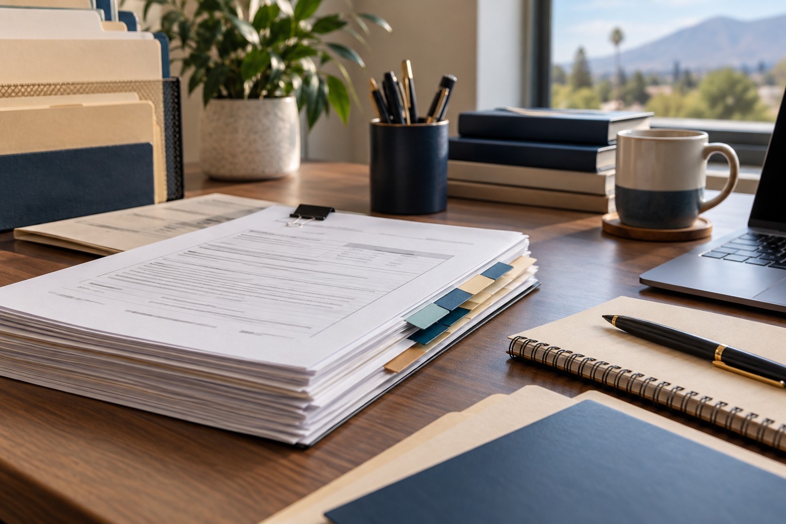 Organized unlawful detainer court filing packet with tabs and forms